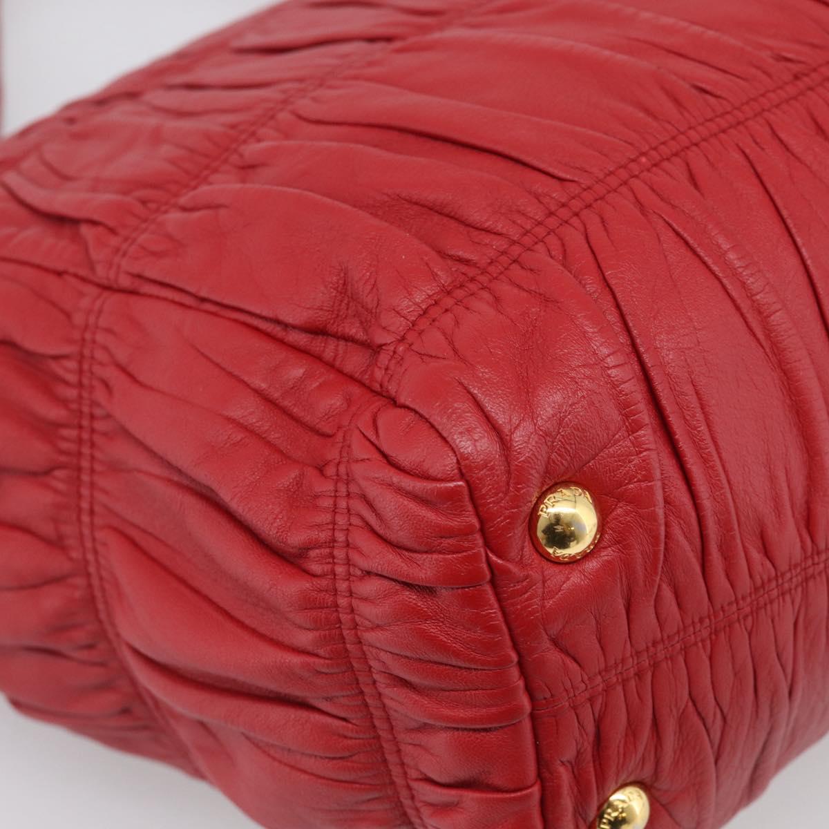 PRADA Gathered Hand Bag Leather Red Gold Auth LN233