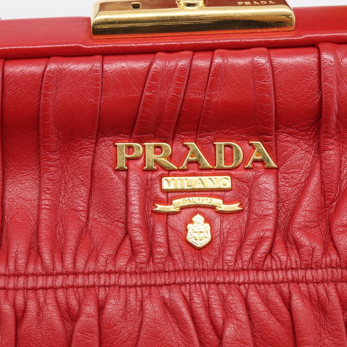 PRADA Gathered Hand Bag Leather Red Gold Auth LN233