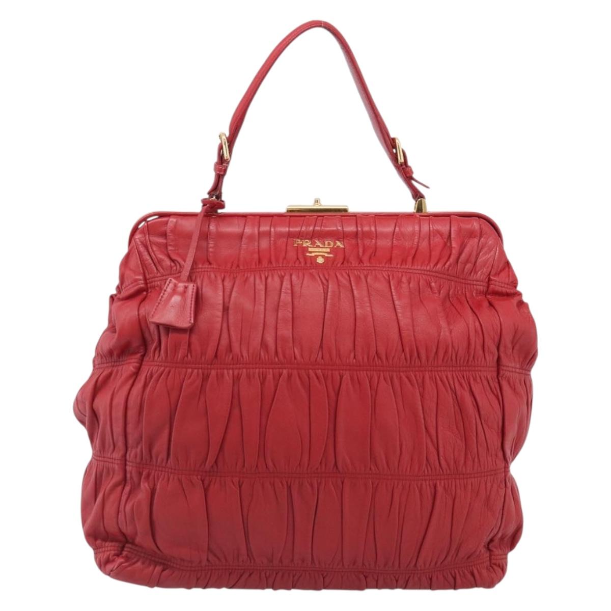 PRADA Gathered Hand Bag Leather Red Gold Auth LN233