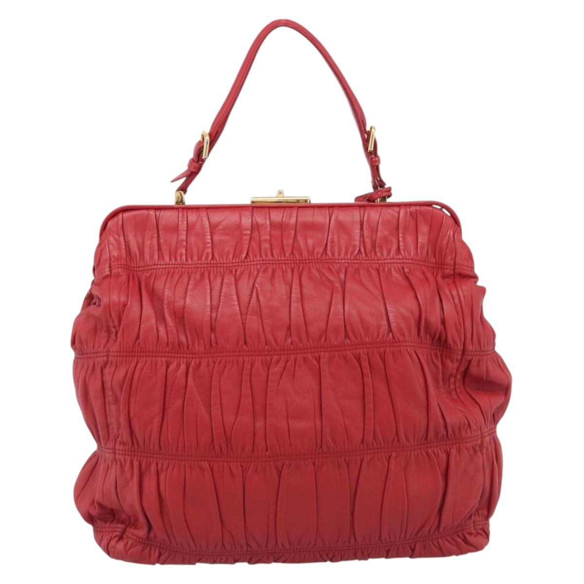 PRADA Gathered Hand Bag Leather Red Gold Auth LN233