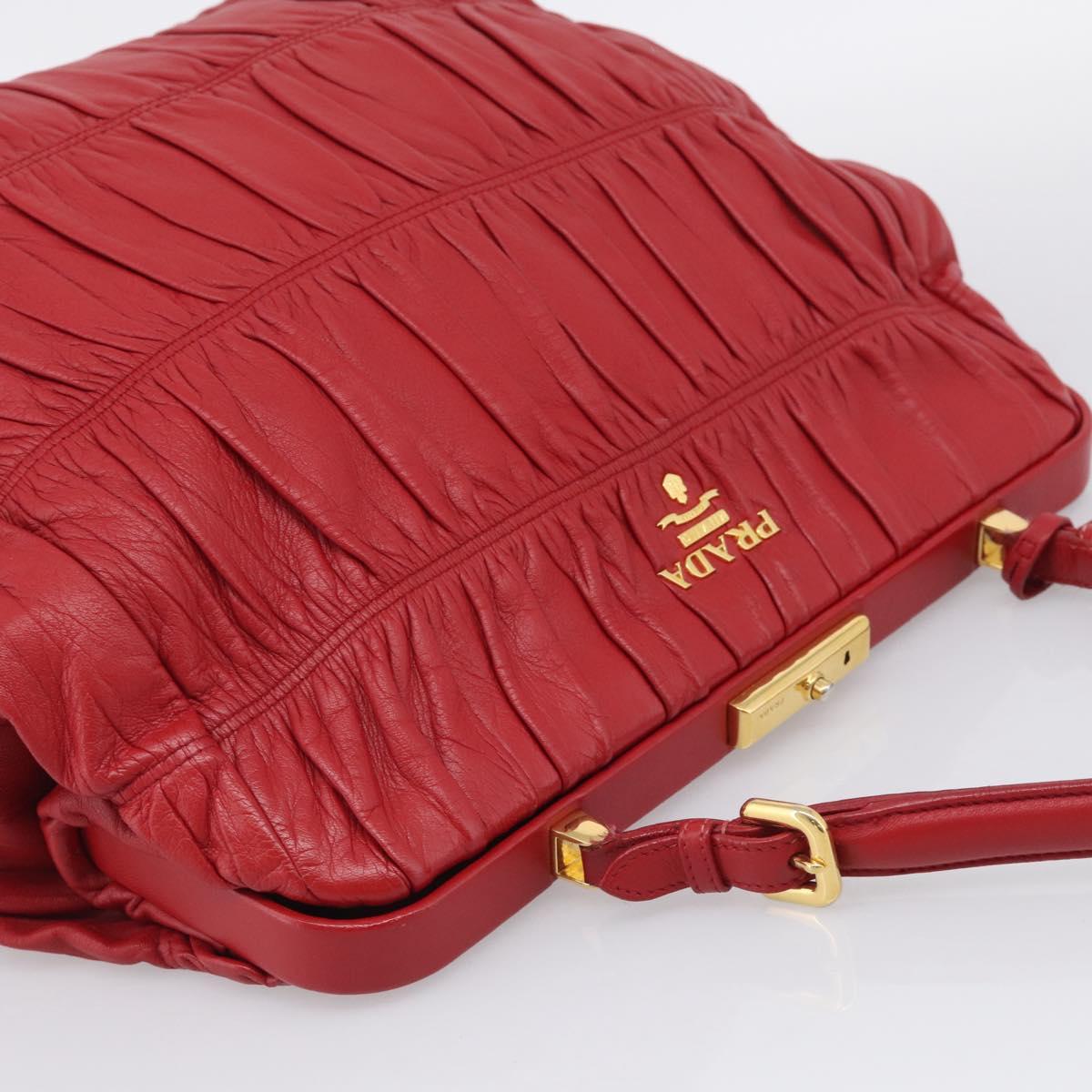 PRADA Gathered Hand Bag Leather Red Gold Auth LN233