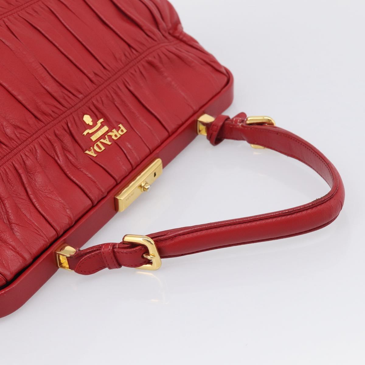 PRADA Gathered Hand Bag Leather Red Gold Auth LN233