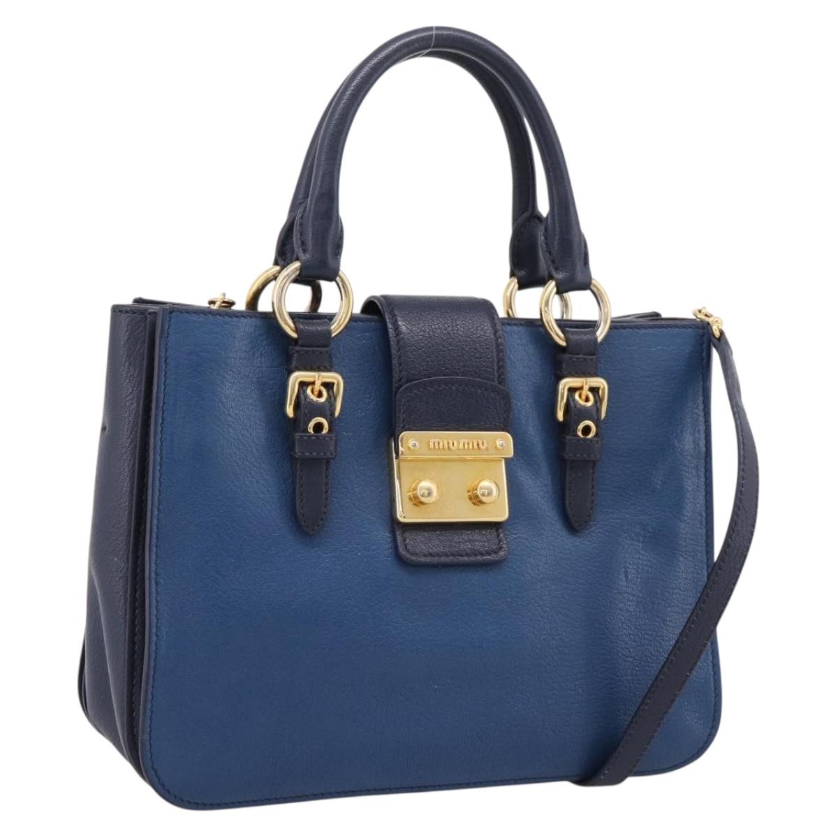 Miu Miu Madras Hand Bag Leather 2way Navy Gold Auth LN235