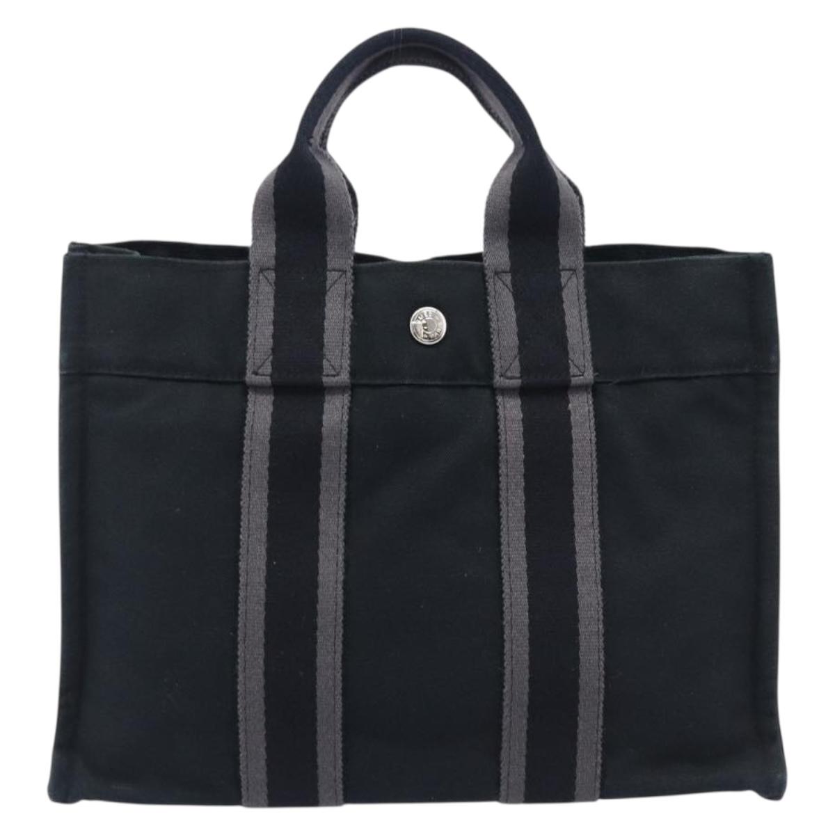 HERMES Fourre Tout PM Hand Bag Canvas Black Silver Auth LN243