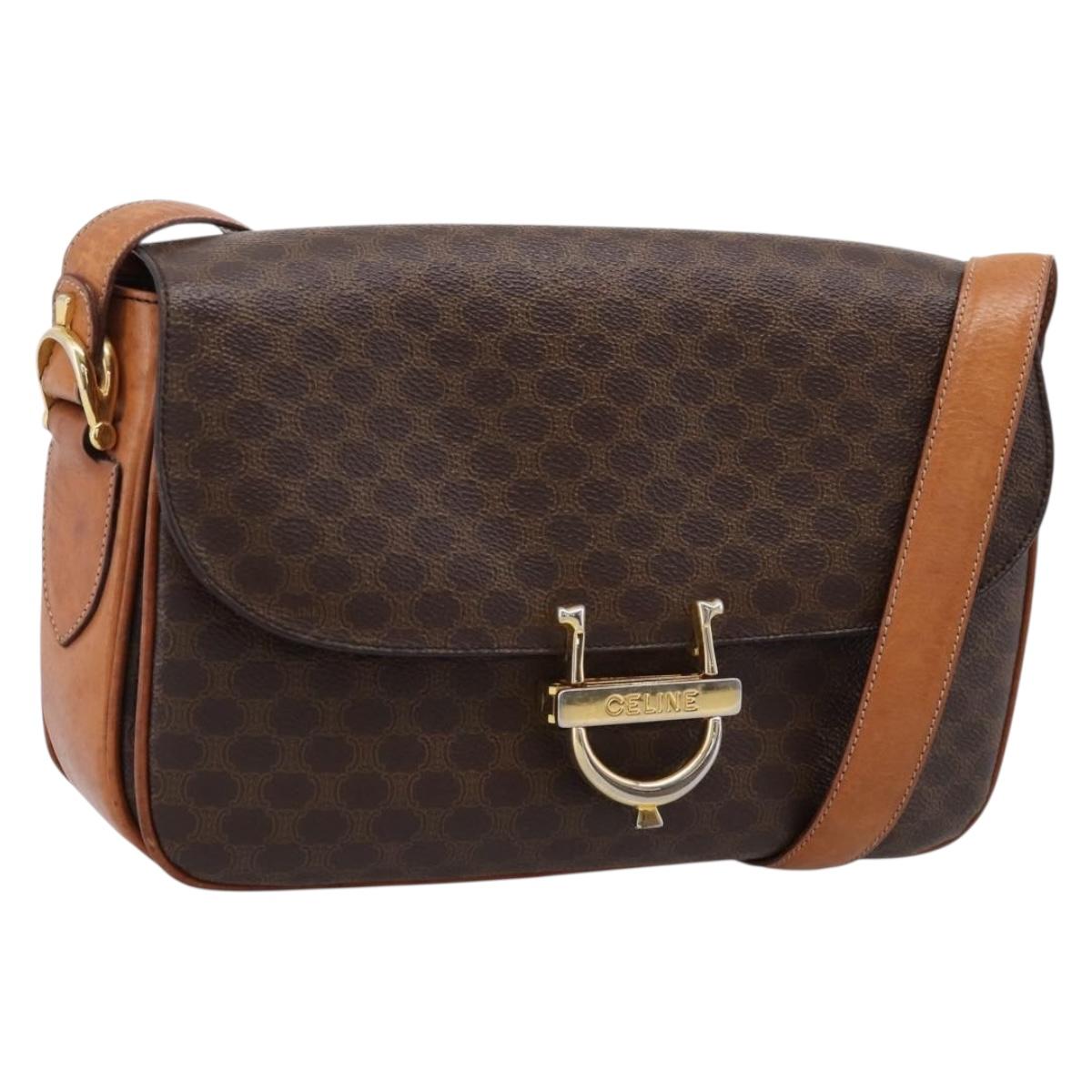 CELINE Macadam Canvas Shoulder Bag PVC Leather Brown Gold Auth LN246