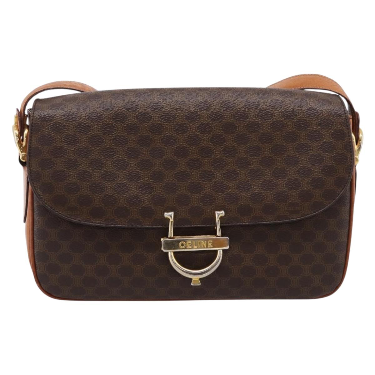 CELINE Macadam Canvas Shoulder Bag PVC Leather Brown Gold Auth LN246