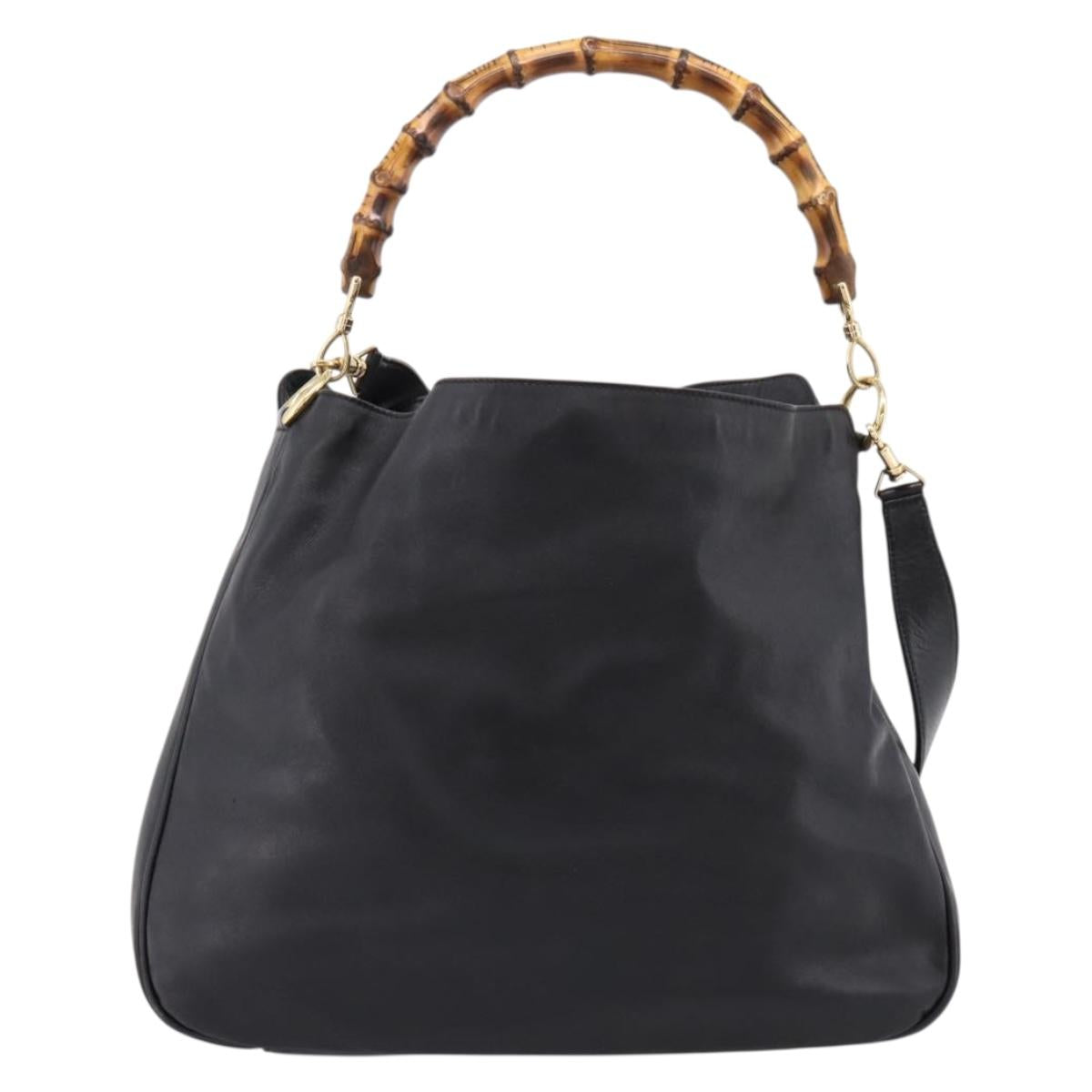 GUCCI Bamboo Hand Bag Leather 2way Black Gold 001 2058 1577 Auth LN249