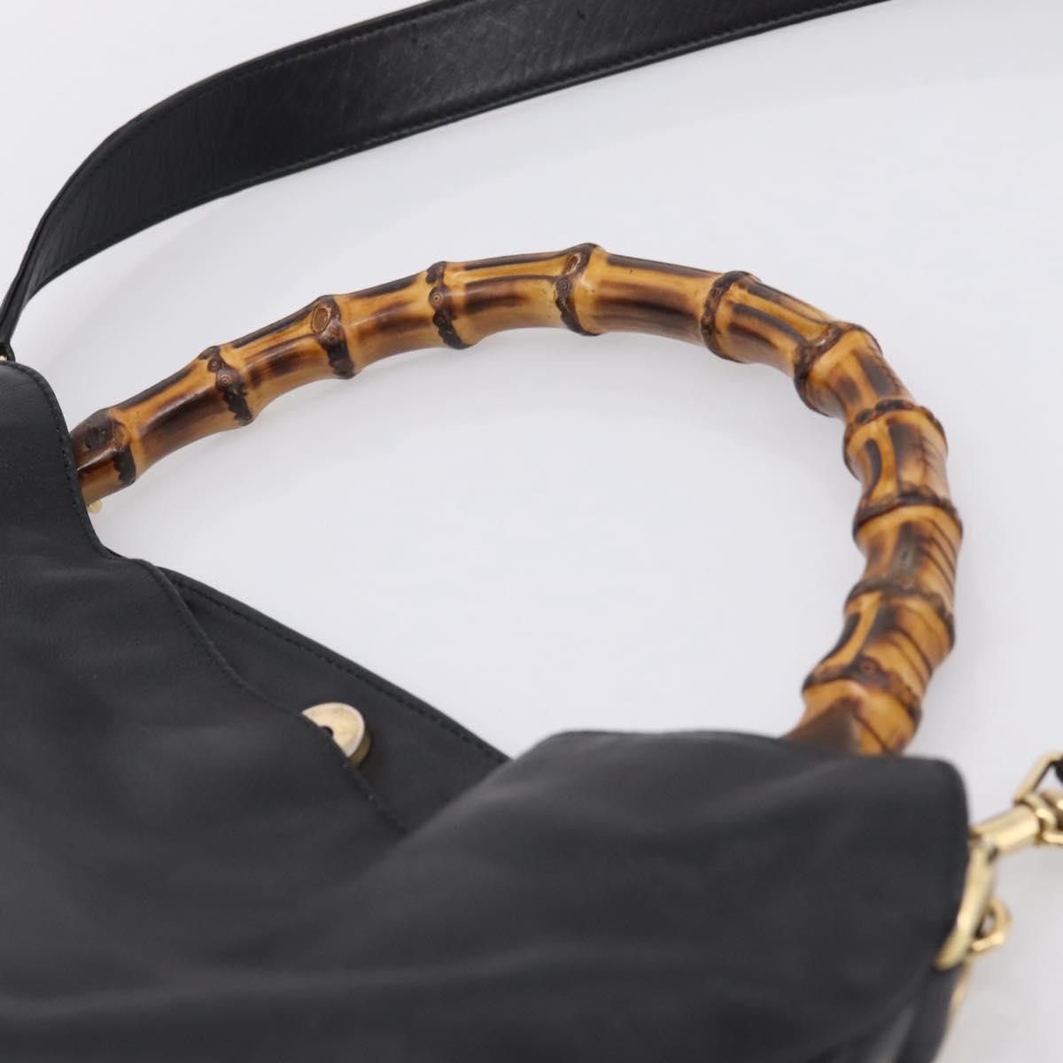 GUCCI Bamboo Hand Bag Leather 2way Black Gold 001 2058 1577 Auth LN249