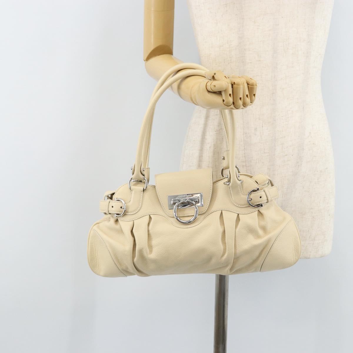 Salvatore Ferragamo Gancini Hand Bag Leather White Silver Auth LNZ008