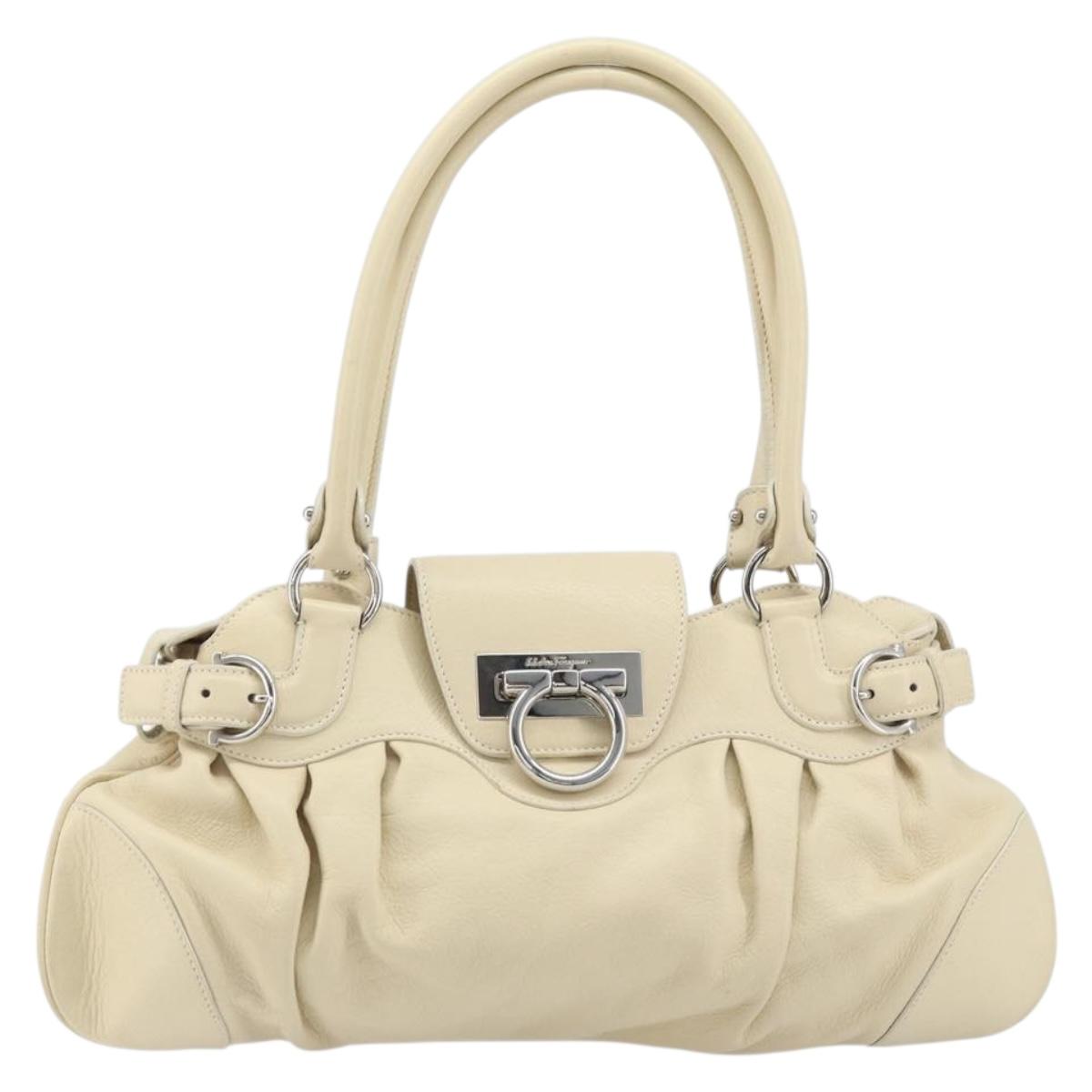 Salvatore Ferragamo Gancini Hand Bag Leather White Silver Auth LNZ008