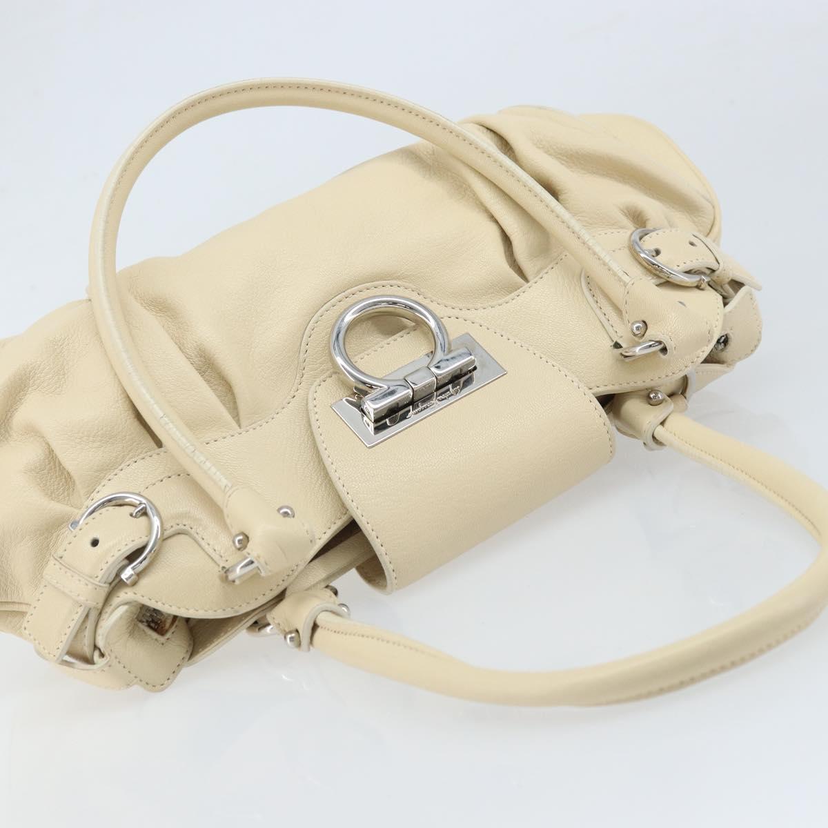 Salvatore Ferragamo Gancini Hand Bag Leather White Silver Auth LNZ008
