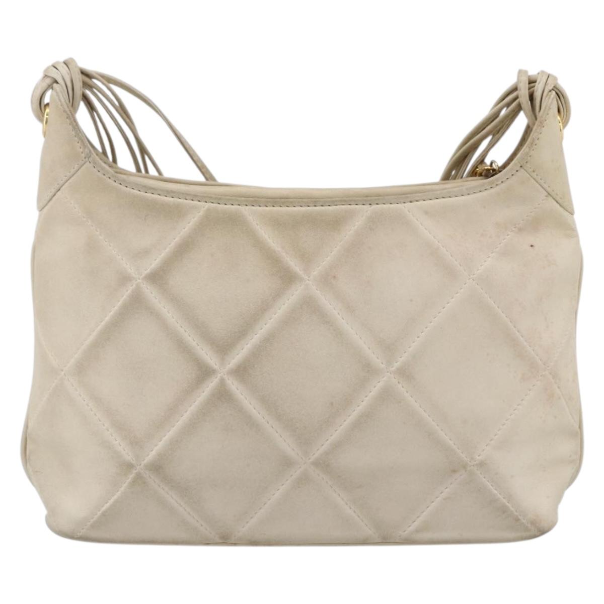 CHANEL Matelasse Shoulder Bag Lamb Skin Ivory Gold CC Auth LNZ015A