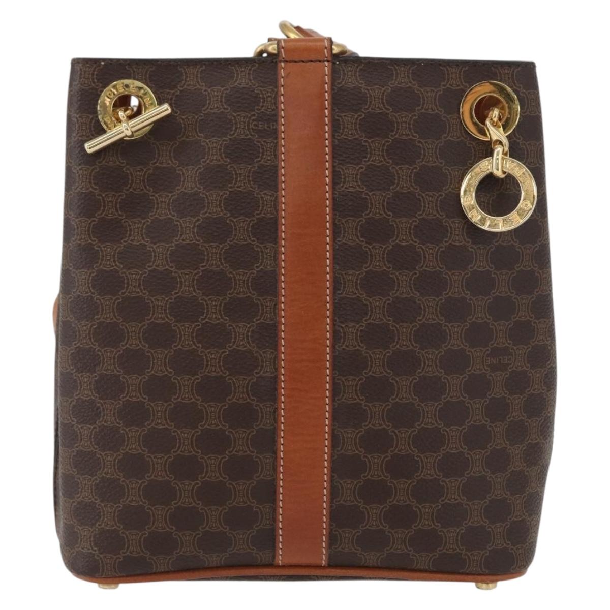 CELINE Macadam Canvas Shoulder Bag PVC Leather Brown Gold Auth LNZ020A