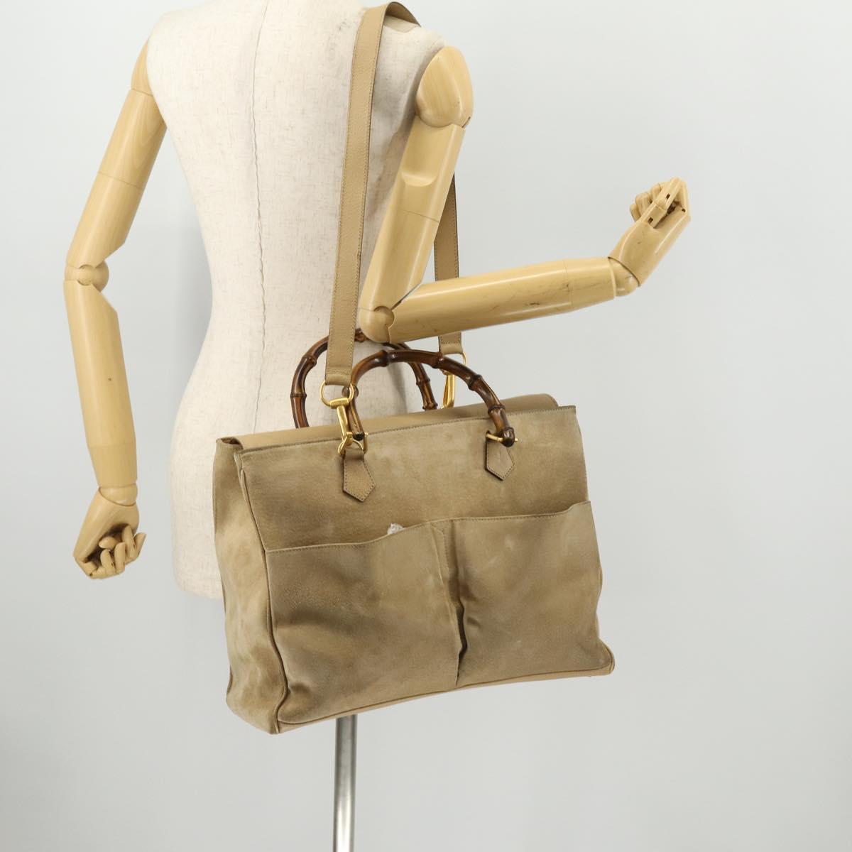 GUCCI Bamboo Hand Bag Suede 2way Beige Gold Auth LNZ043