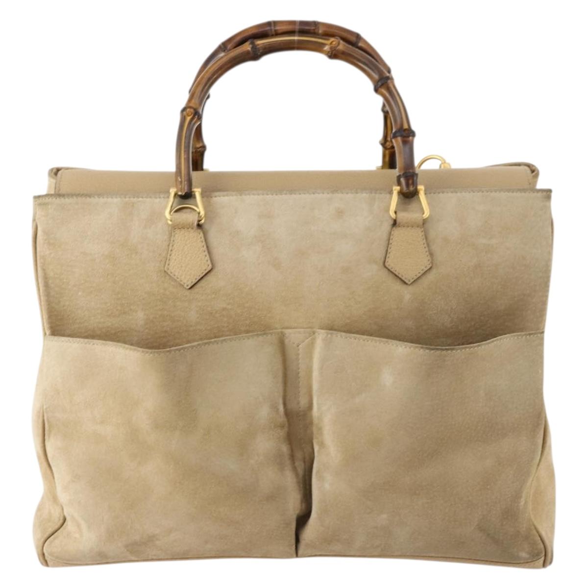 GUCCI Bamboo Hand Bag Suede 2way Beige Gold Auth LNZ043