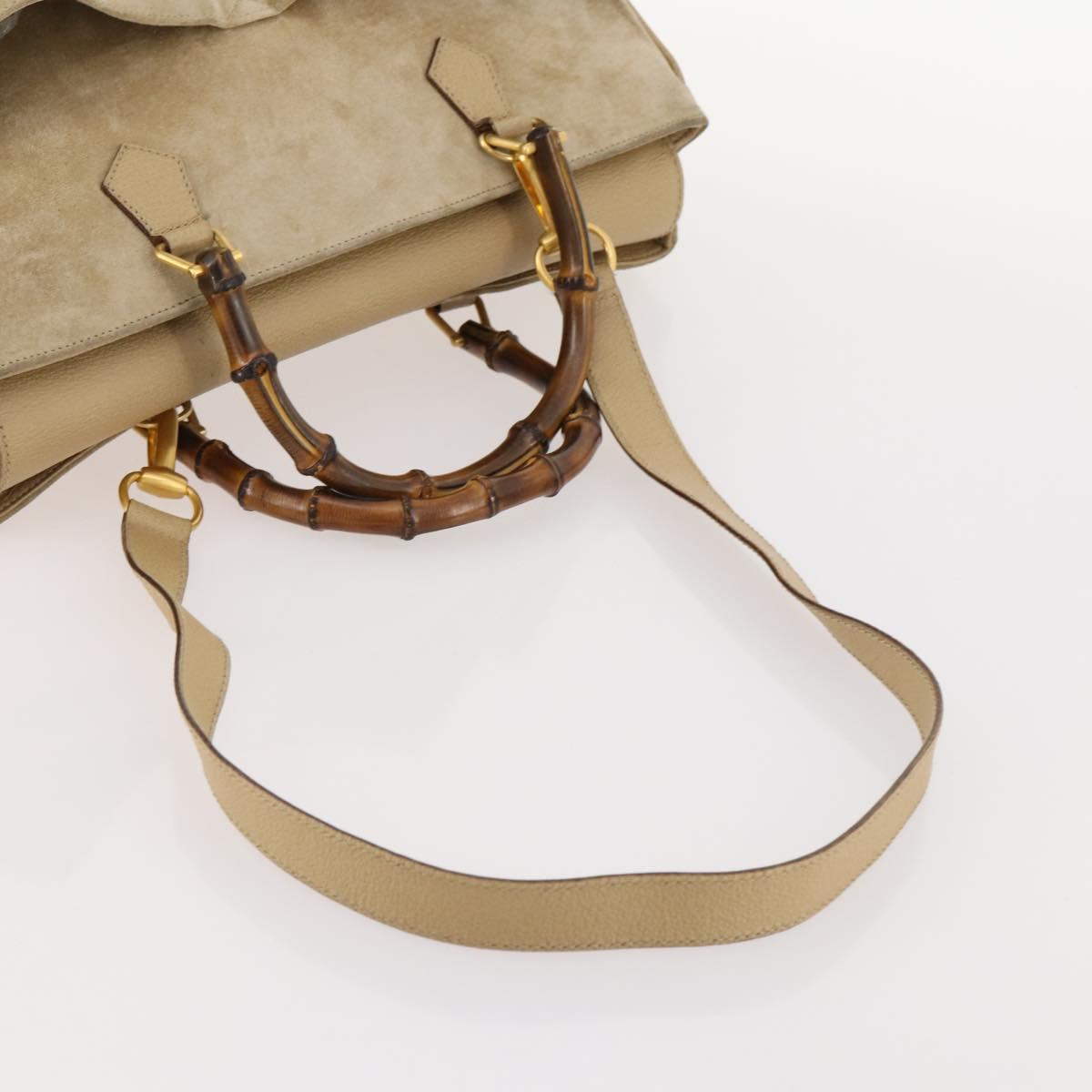 GUCCI Bamboo Hand Bag Suede 2way Beige Gold Auth LNZ043