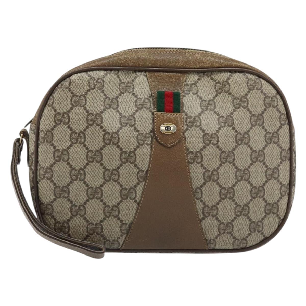 GUCCI GG Supreme Web Sherry Line Clutch Bag PVC Beige Gold 89 01 034 Auth LNZ056