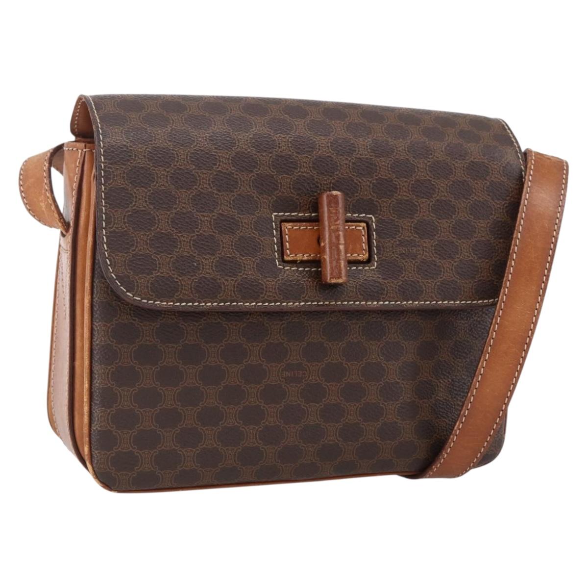 CELINE Macadam Canvas Shoulder Bag PVC Leather Brown Gold Auth LNZ062