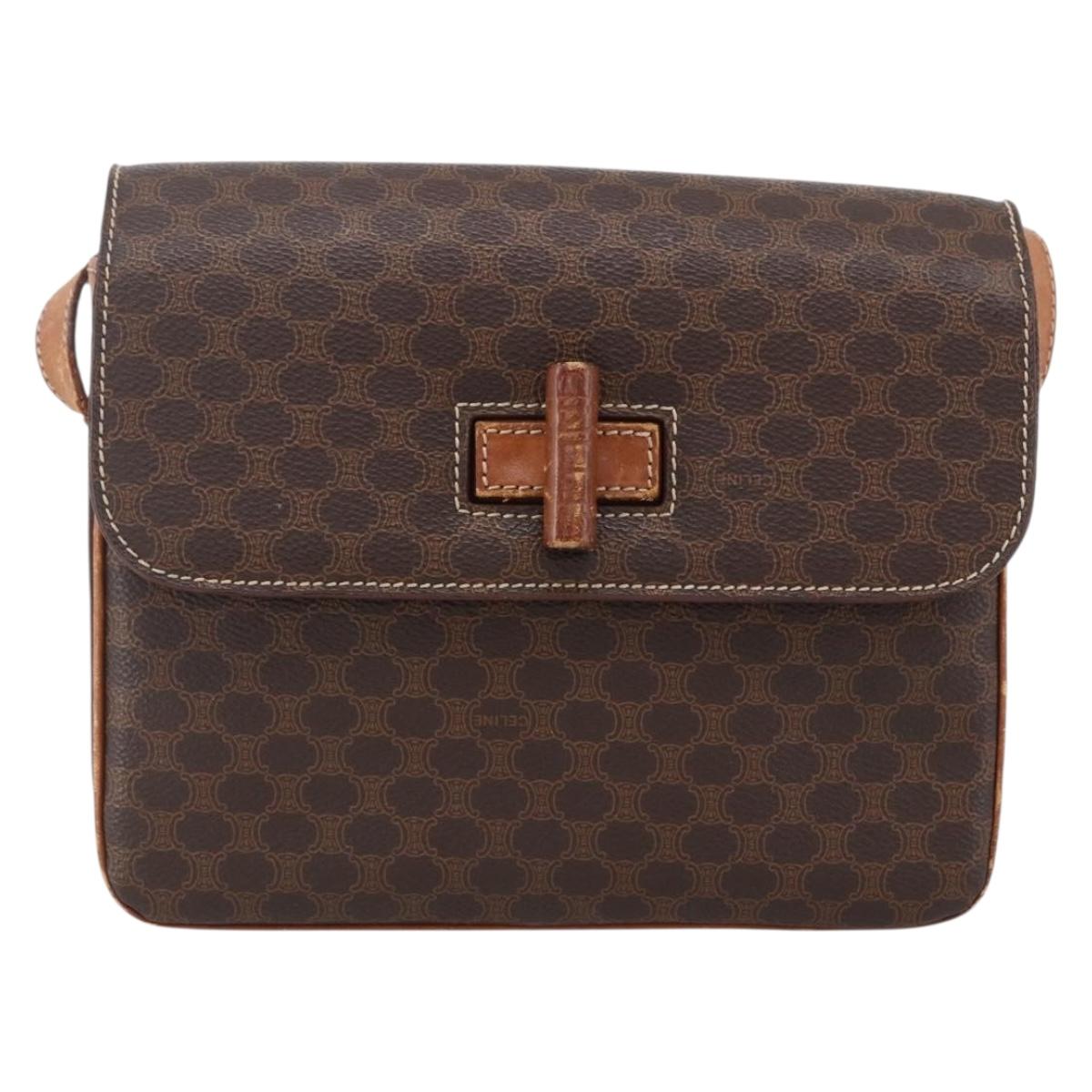 CELINE Macadam Canvas Shoulder Bag PVC Leather Brown Gold Auth LNZ062