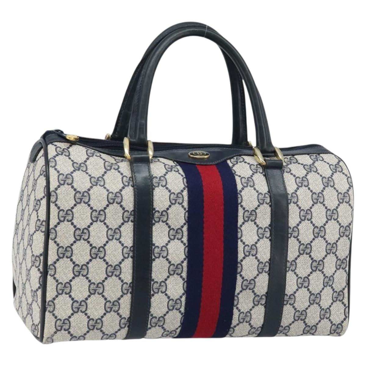 GUCCI GG Supreme Sherry Line Boston Bag PVC Navy Gold 012 3842 33 39 Auth LNZ094