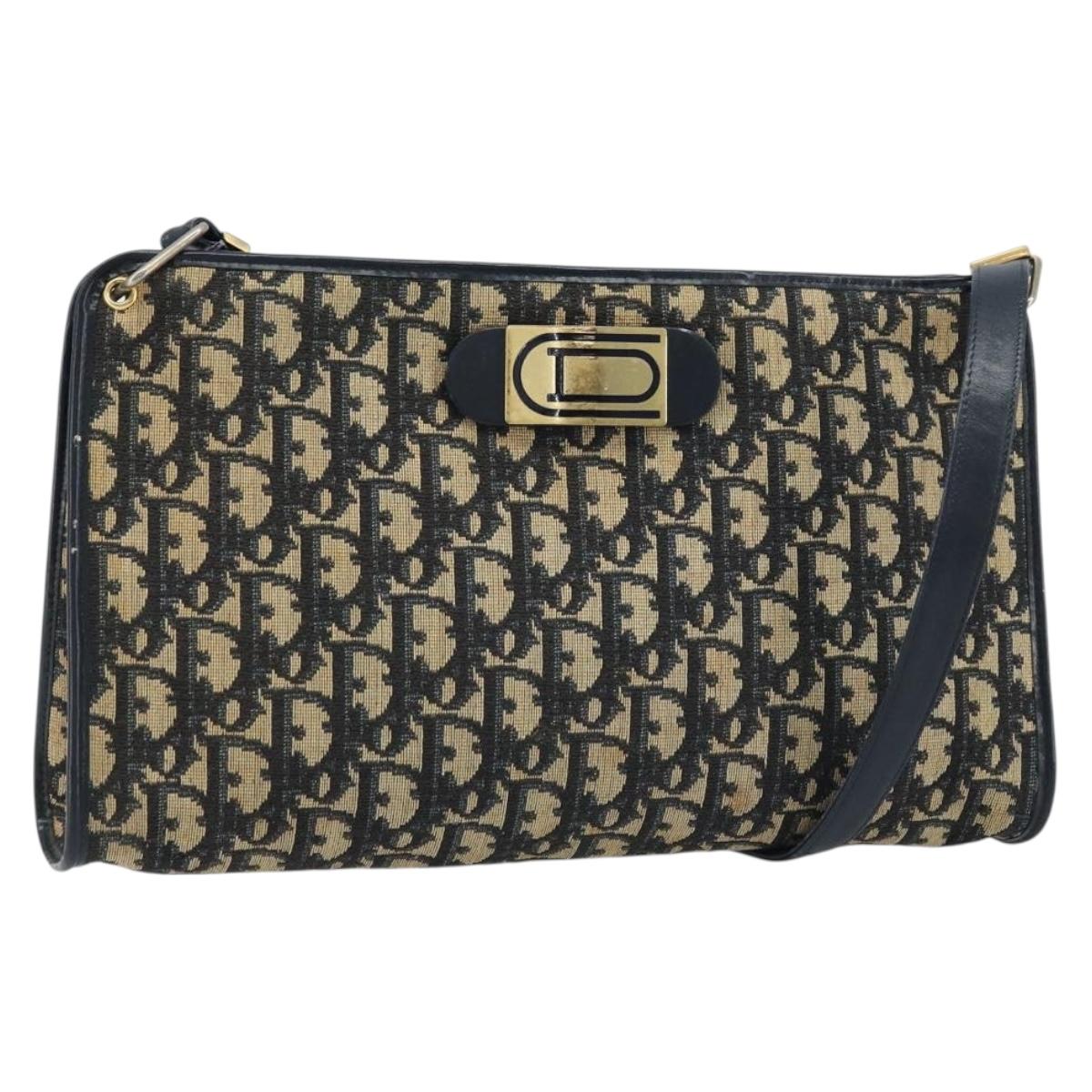 Christian Dior Trotter Canvas Shoulder Bag Navy Gold Auth LNZ096
