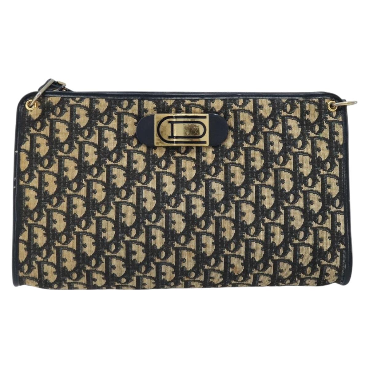 Christian Dior Trotter Canvas Shoulder Bag Navy Gold Auth LNZ096
