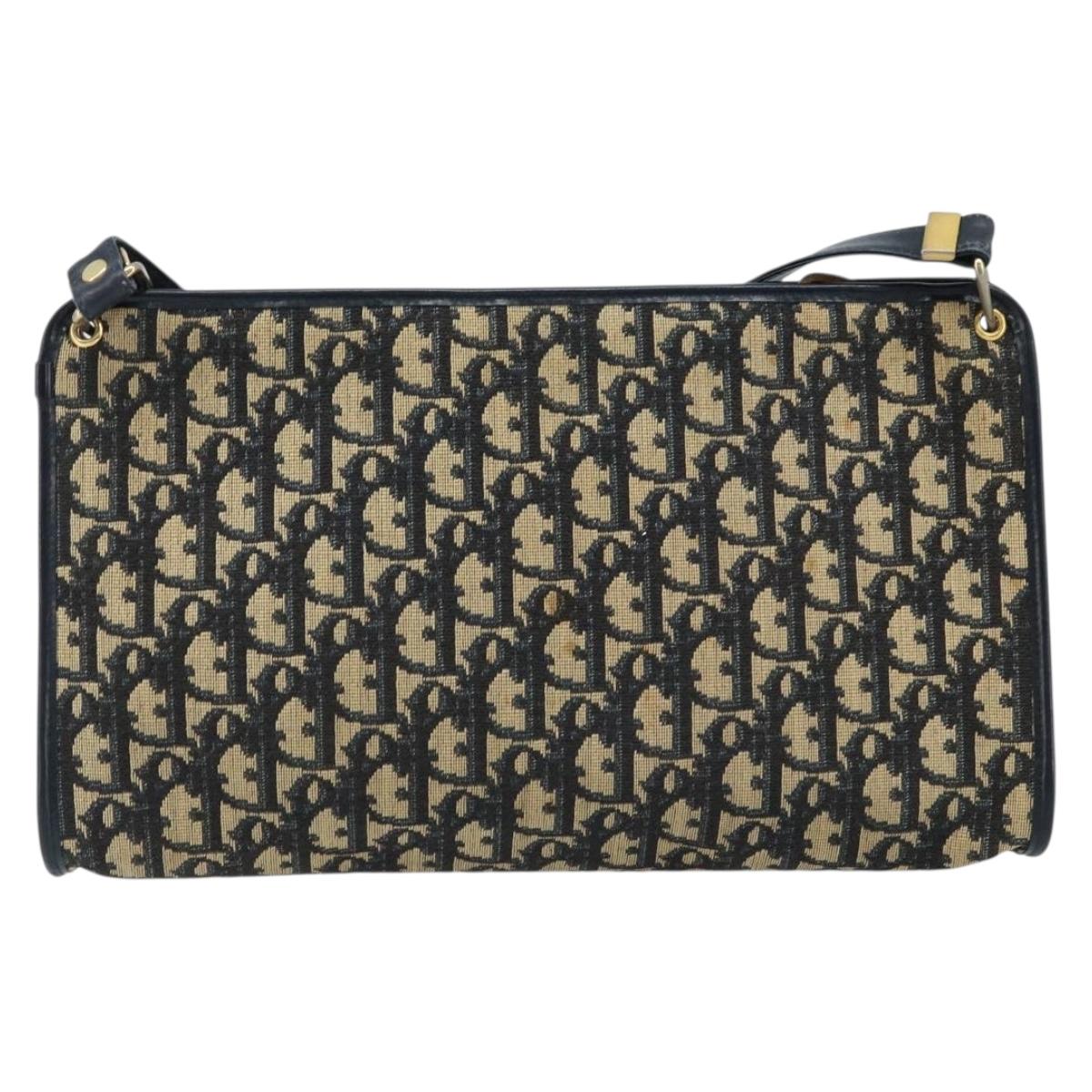 Christian Dior Trotter Canvas Shoulder Bag Navy Gold Auth LNZ096