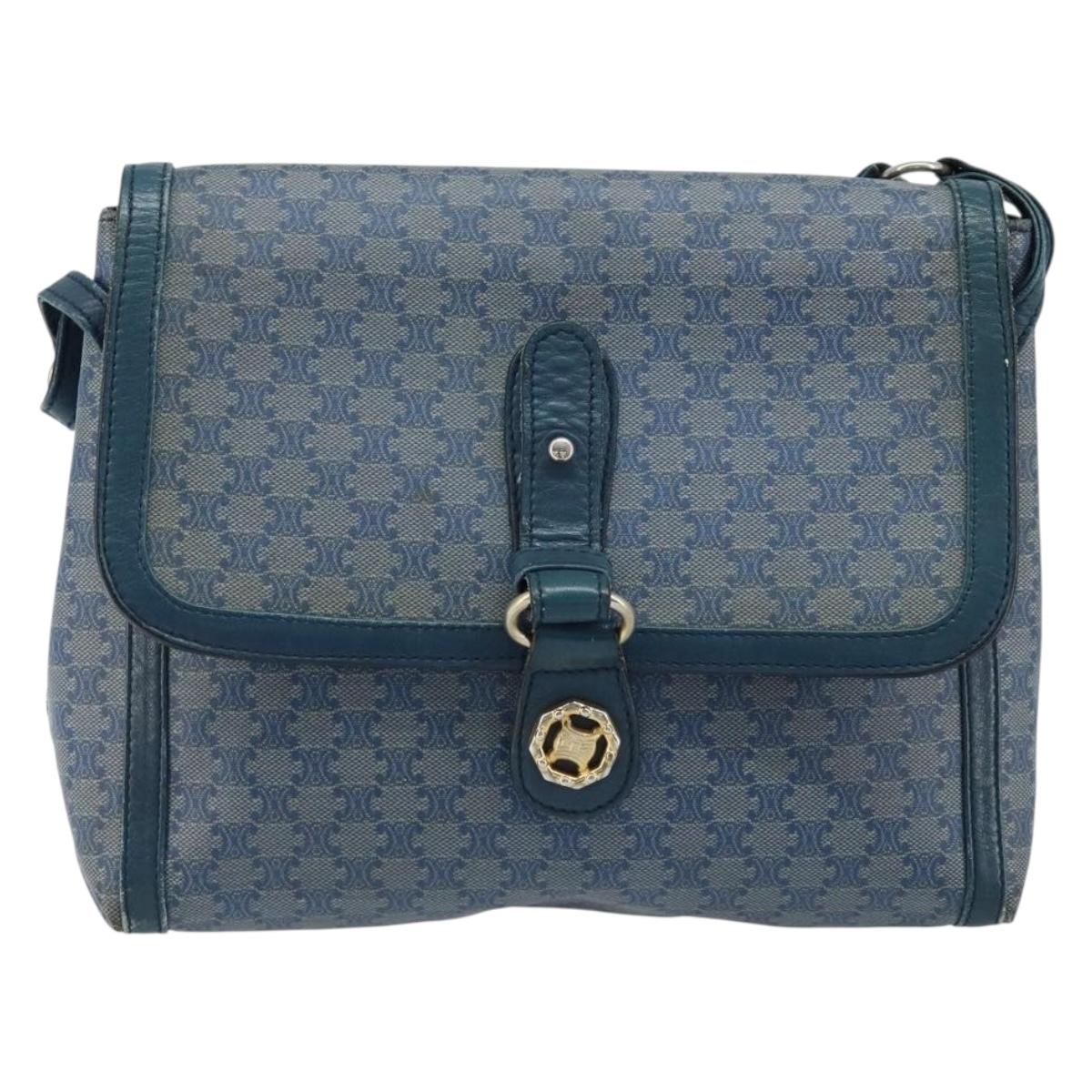 CELINE Macadam Canvas Shoulder Bag PVC Navy Gold Auth LNZ098