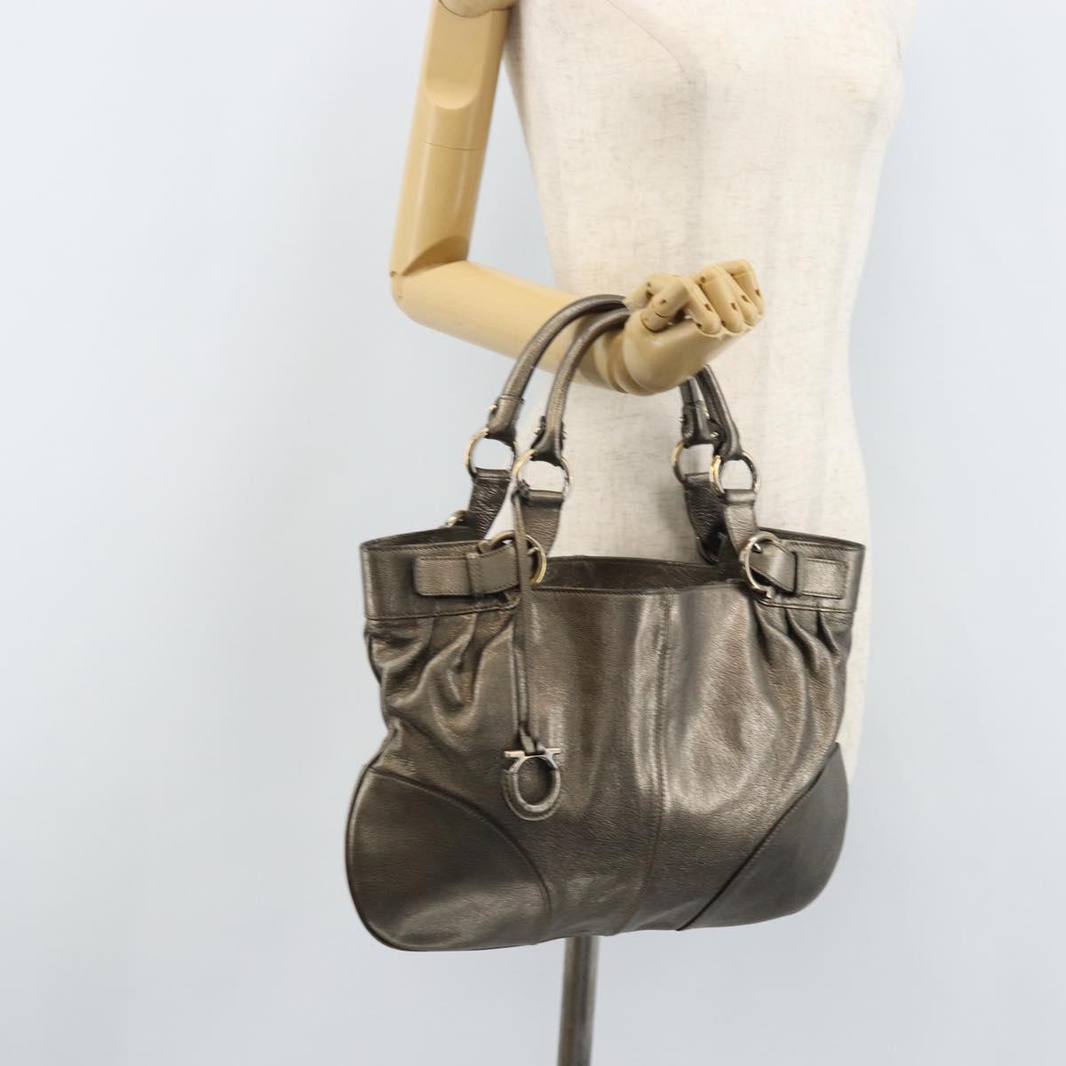 Salvatore Ferragamo Gancini Hand Bag Leather Gold Auth LNZ099