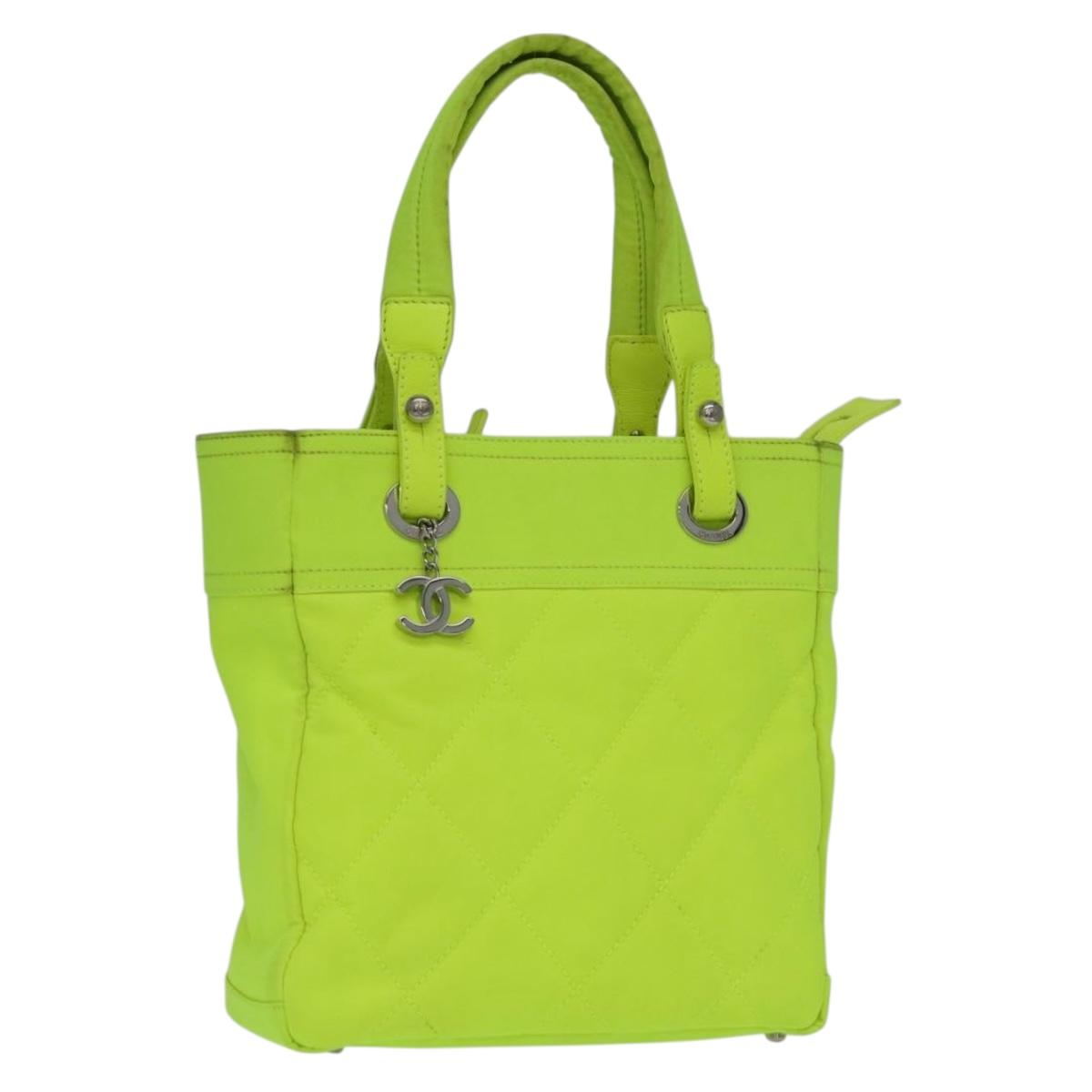 CHANEL Paris Biarritz Tote PM Tote Bag Canvas Green Neon Green CC Auth BSZ633