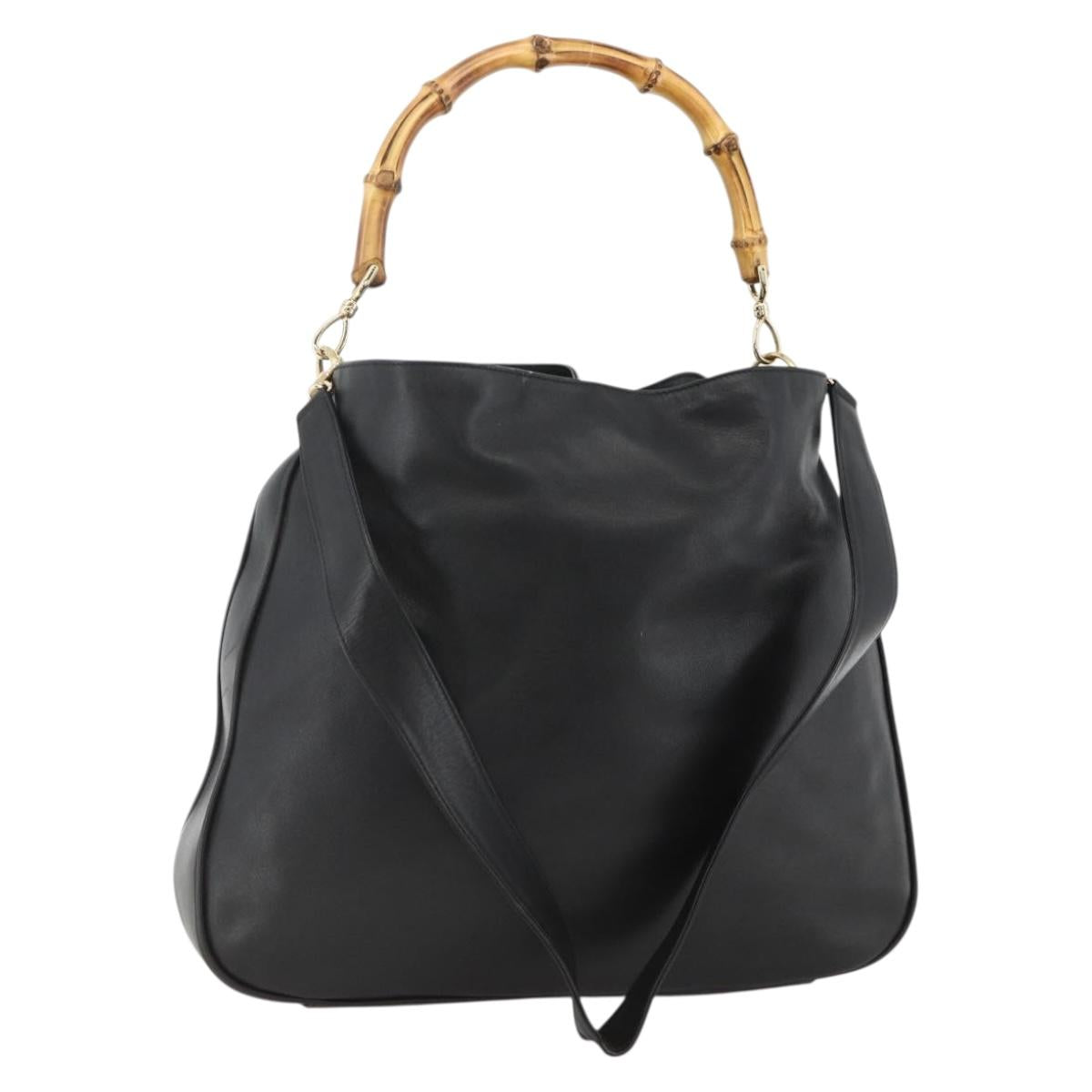 GUCCI Bamboo Shoulder Bag Leather 2way Black Gold 001 1577 Auth BSZ637
