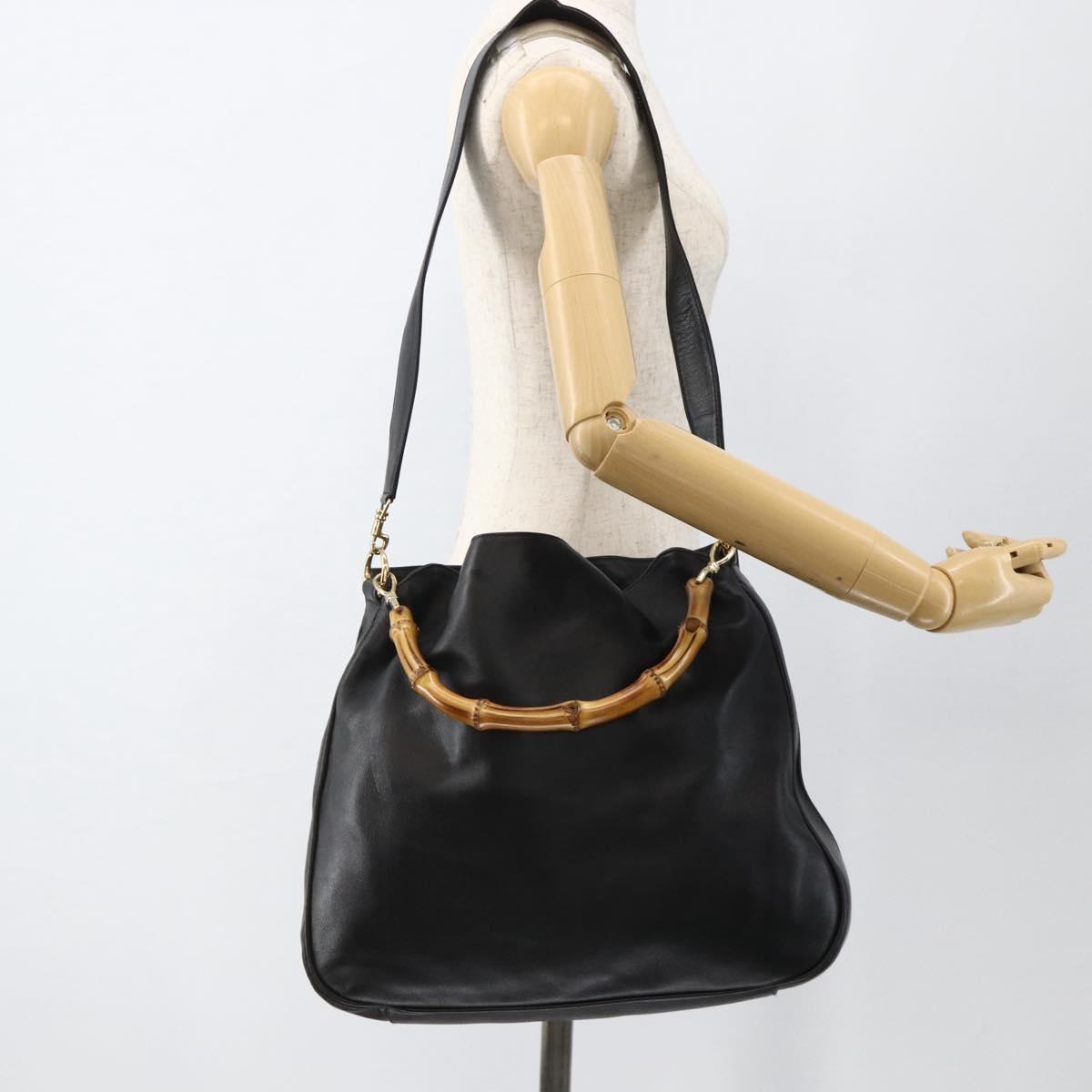 GUCCI Bamboo Shoulder Bag Leather 2way Black Gold 001 1577 Auth BSZ637