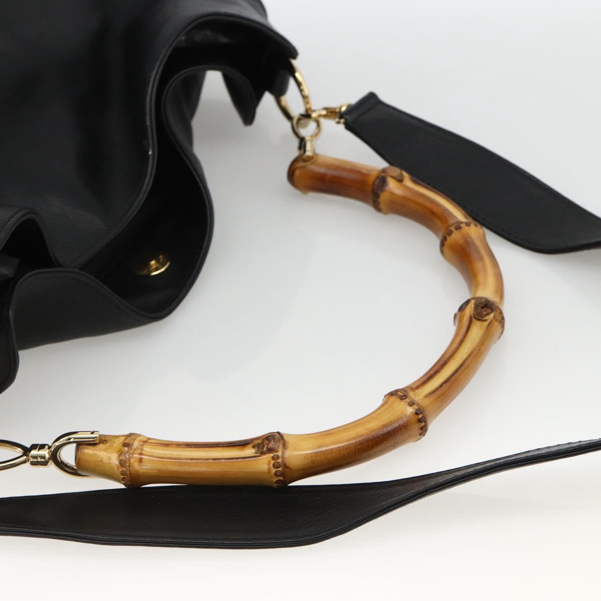 GUCCI Bamboo Shoulder Bag Leather 2way Black Gold 001 1577 Auth BSZ637