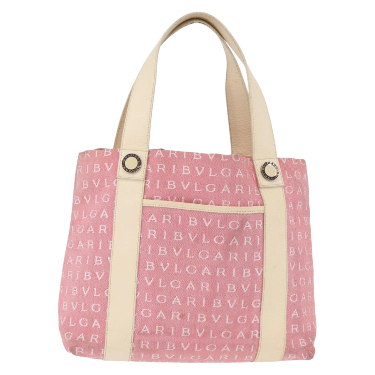 BVLGARI Logo Mania Hand Bag Canvas Pink Silver Auth BSZ642