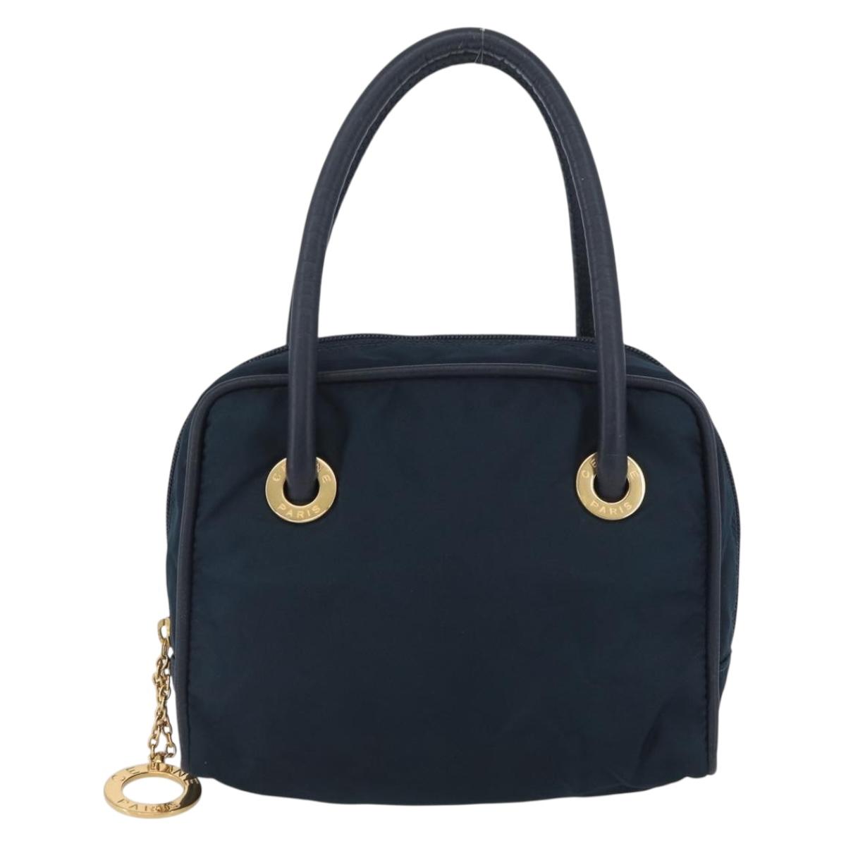 CELINE Circle Hand Bag Nylon Navy Gold Auth BSZ650