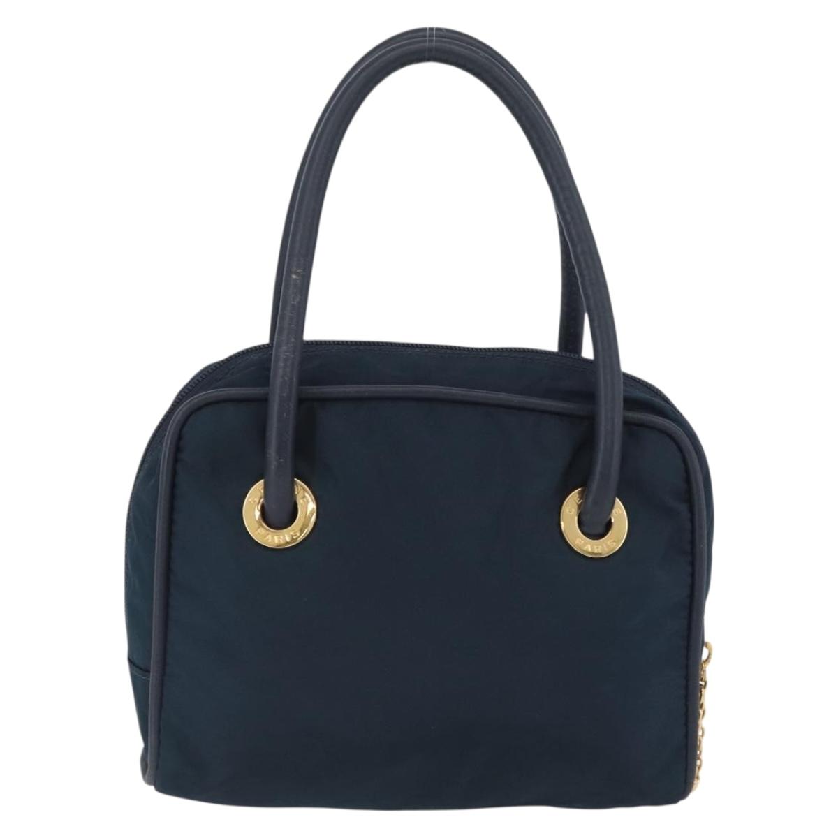 CELINE Circle Hand Bag Nylon Navy Gold Auth BSZ650
