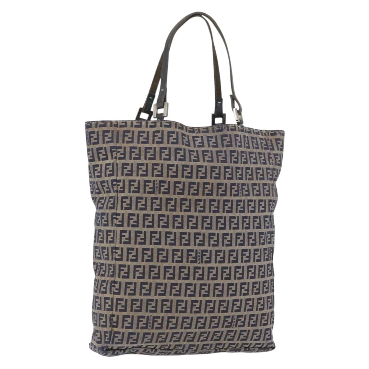 FENDI Zucchino Canvas Hand Bag Navy Silver Auth BSZ657