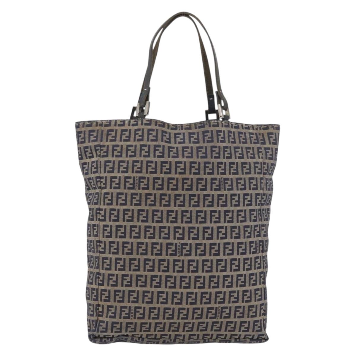 FENDI Zucchino Canvas Hand Bag Navy Silver Auth BSZ657