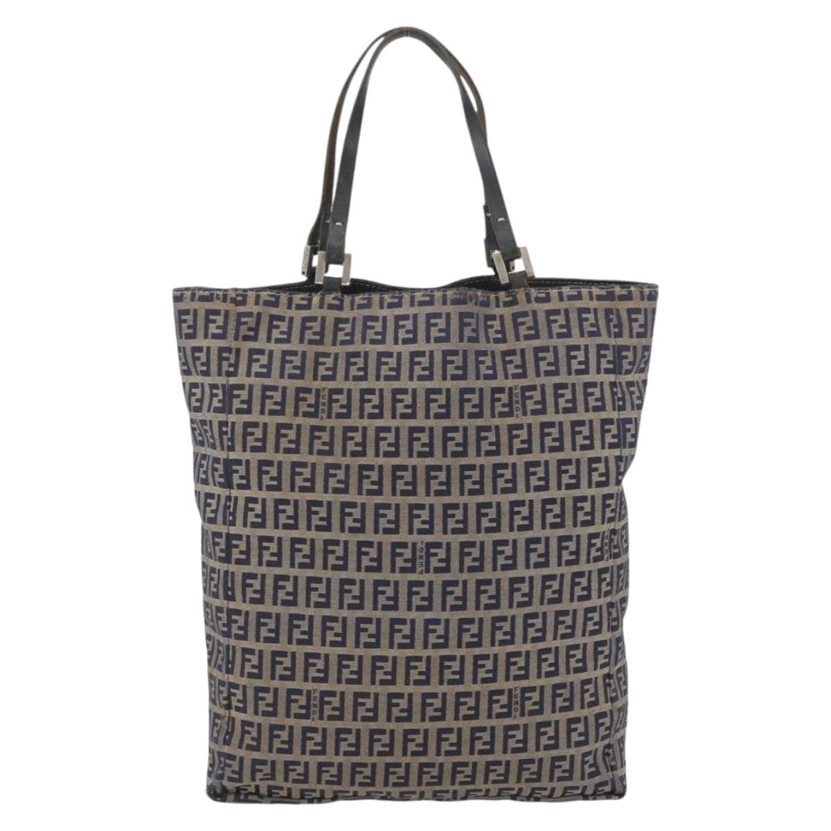 FENDI Zucchino Canvas Hand Bag Navy Silver Auth BSZ657
