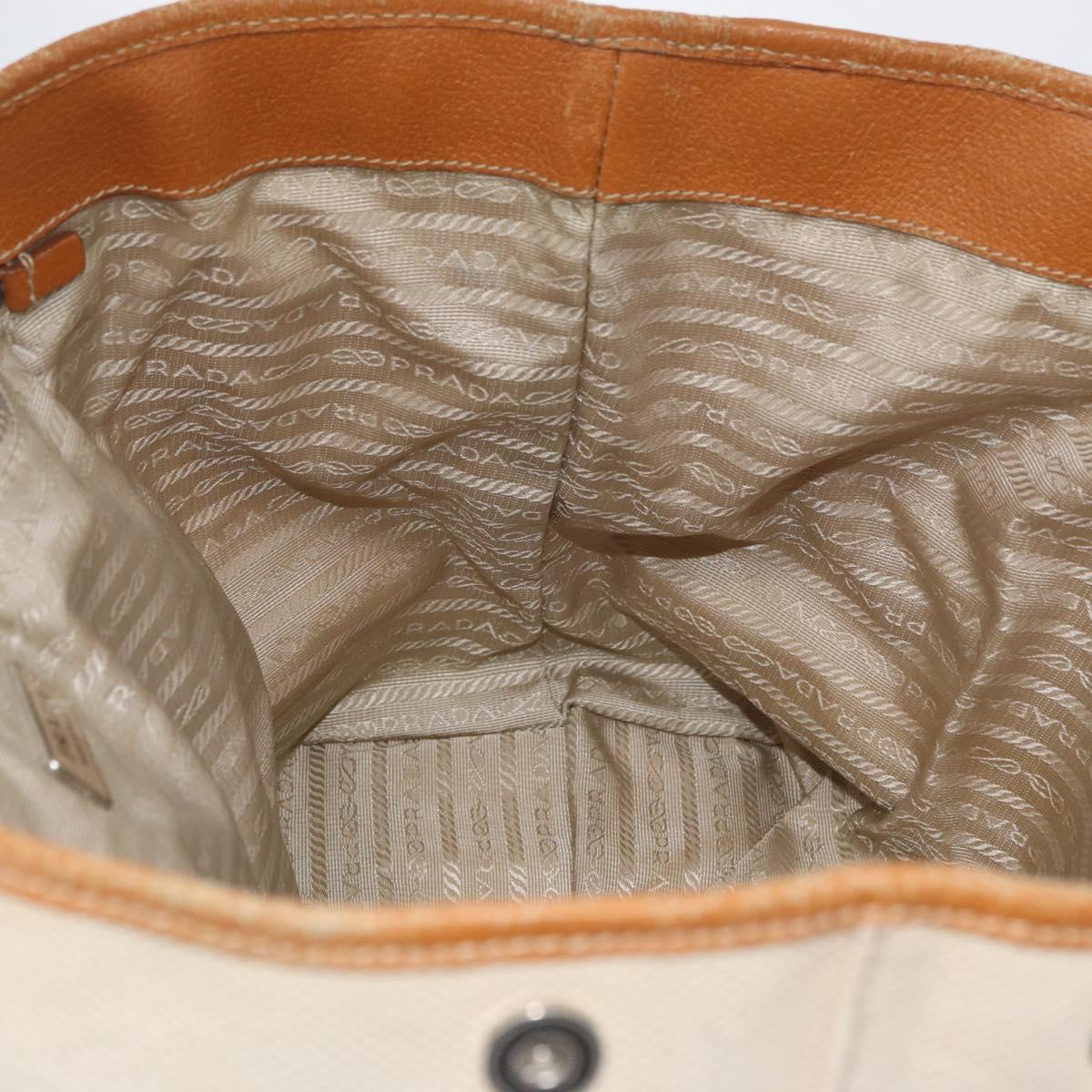 PRADA Tote Bag Canvas Leather Beige Silver Auth BSZ661