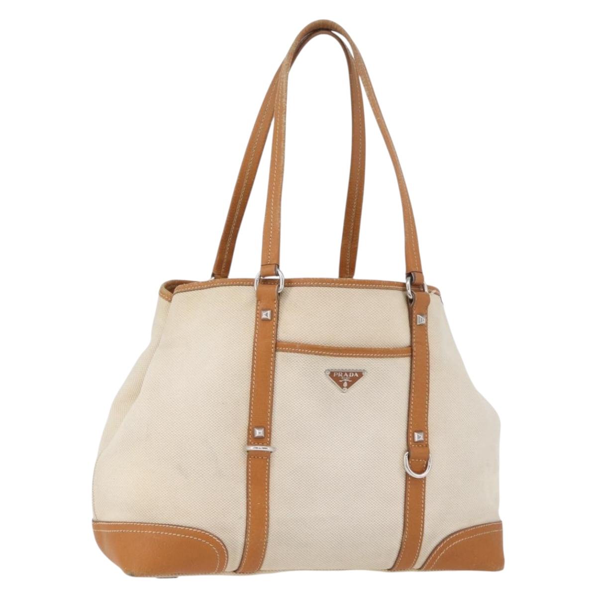 PRADA Tote Bag Canvas Leather Beige Silver Auth BSZ661