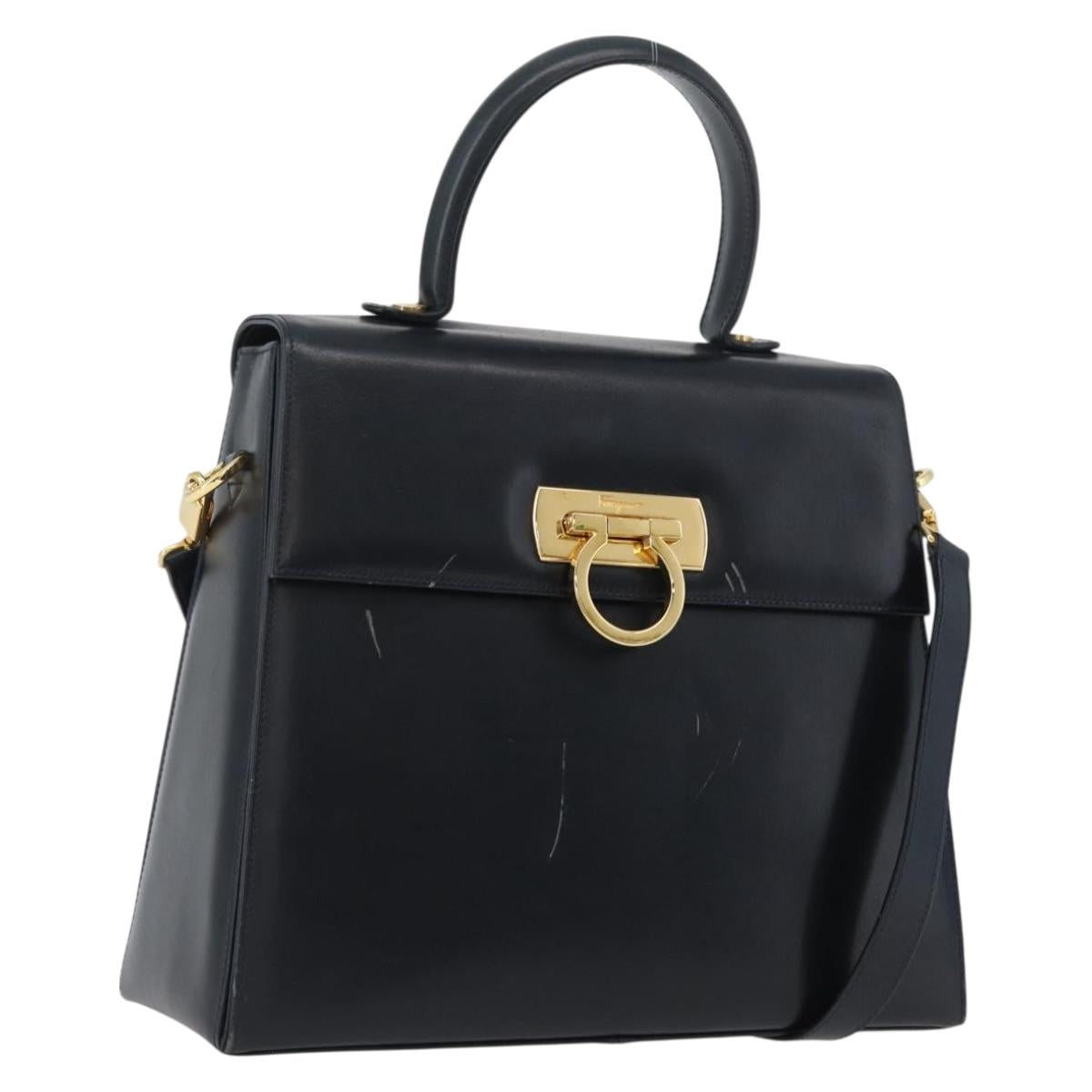 Salvatore Ferragamo Gancini Hand Bag Leather 2way Navy Gold Auth LNZ105