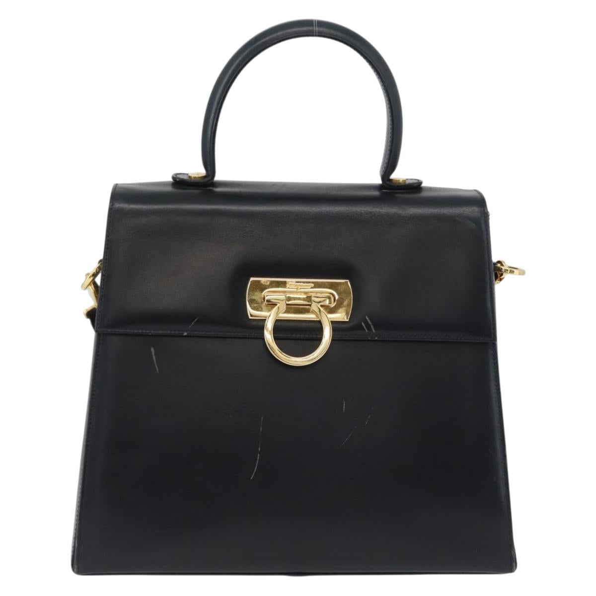Salvatore Ferragamo Gancini Hand Bag Leather 2way Navy Gold Auth LNZ105