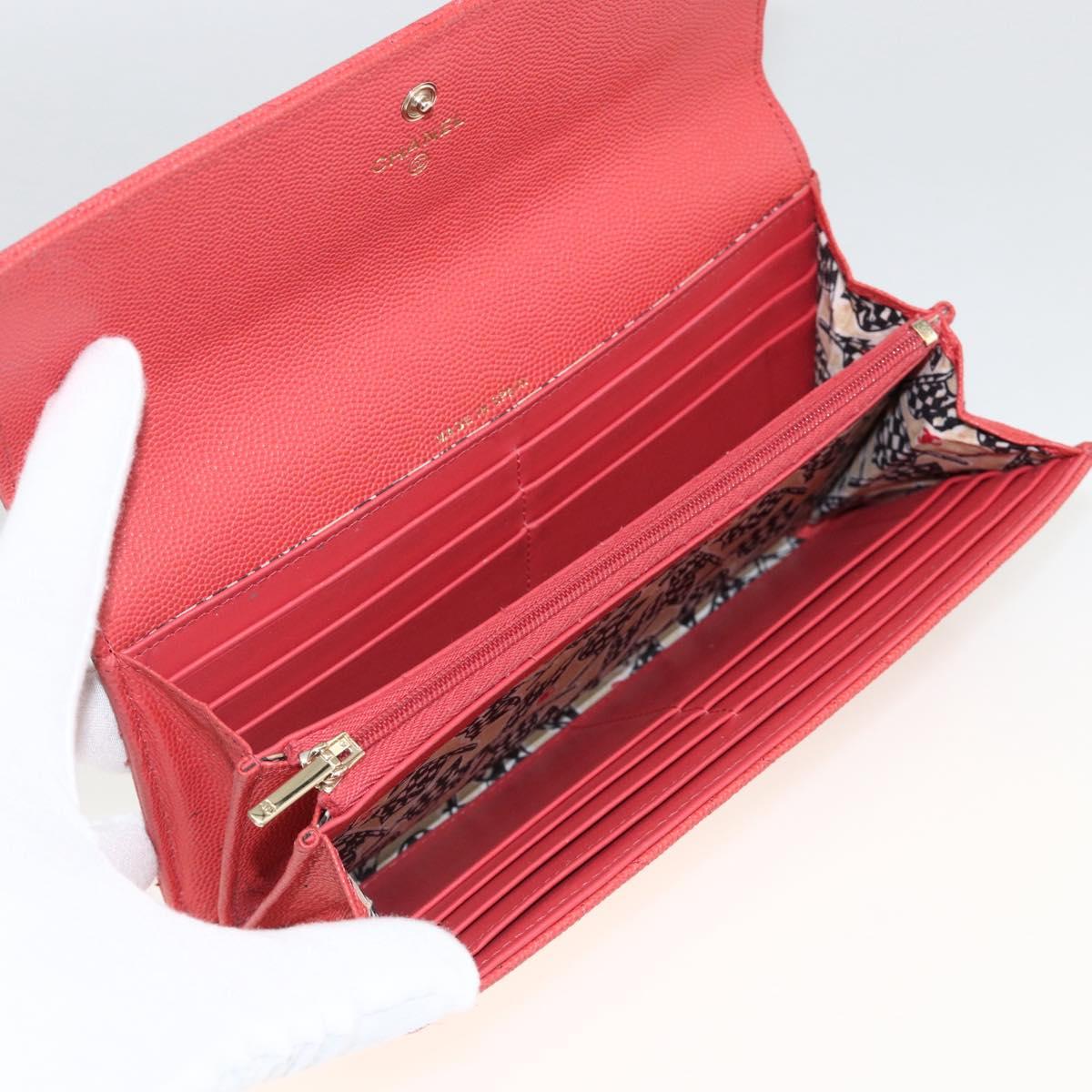 CHANEL Matelasse Long Wallet Caviar Skin Pink Gold CC Auth BSZ676A