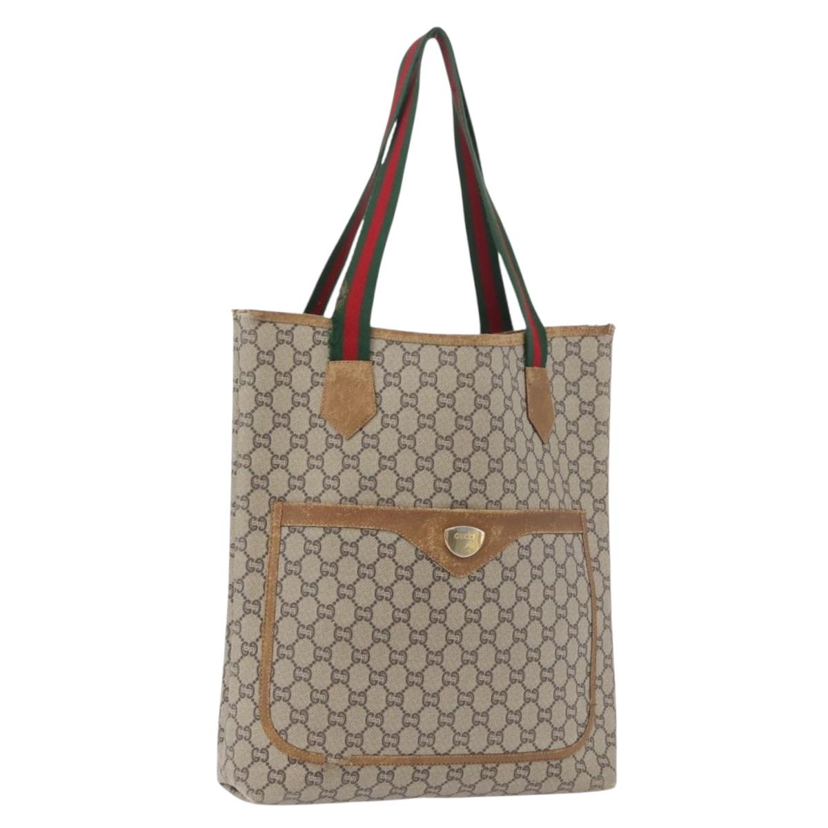 GUCCI GG Plus Supreme Web Sherry Line Tote Bag PVC Beige Red Green Auth BSZ695