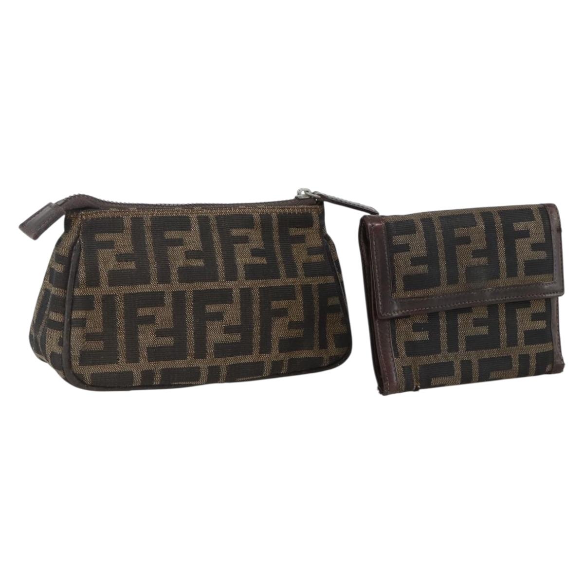 FENDI Zucca Canvas Wallet 2 Set Black Brown Auth BSZ697
