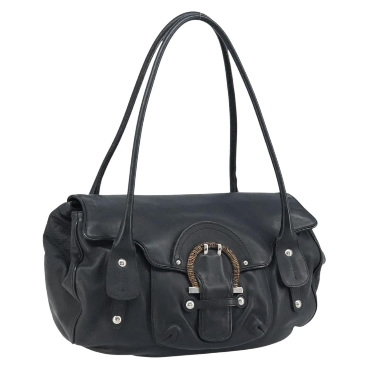 Salvatore Ferragamo Gancini Hand Bag Leather Black Silver Auth LNZ140