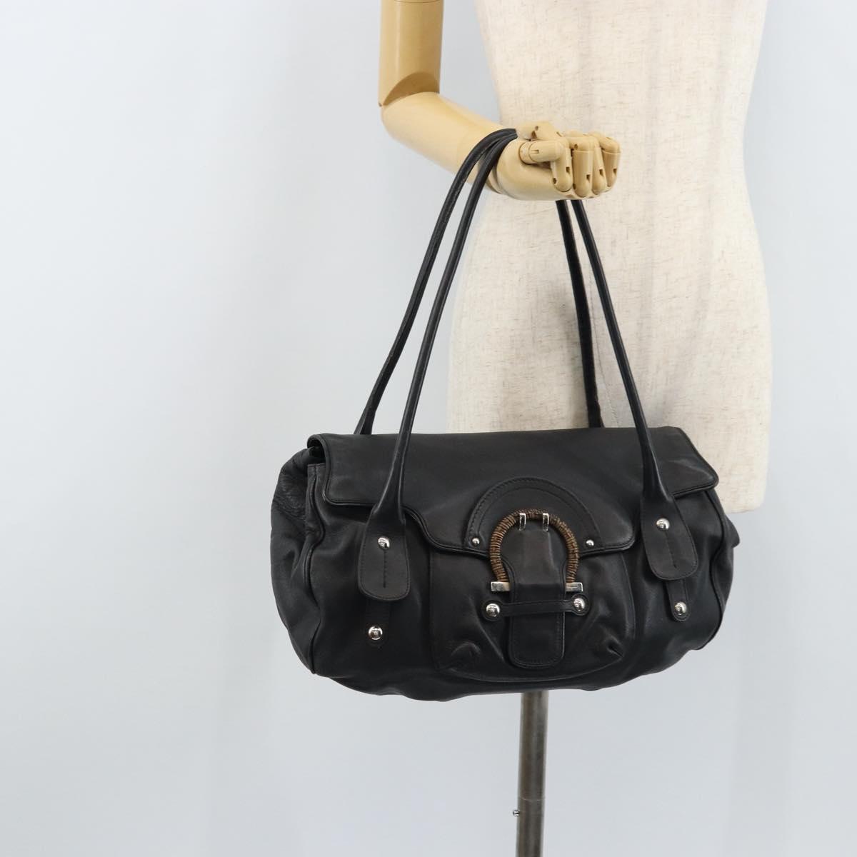 Salvatore Ferragamo Gancini Hand Bag Leather Black Silver Auth LNZ140