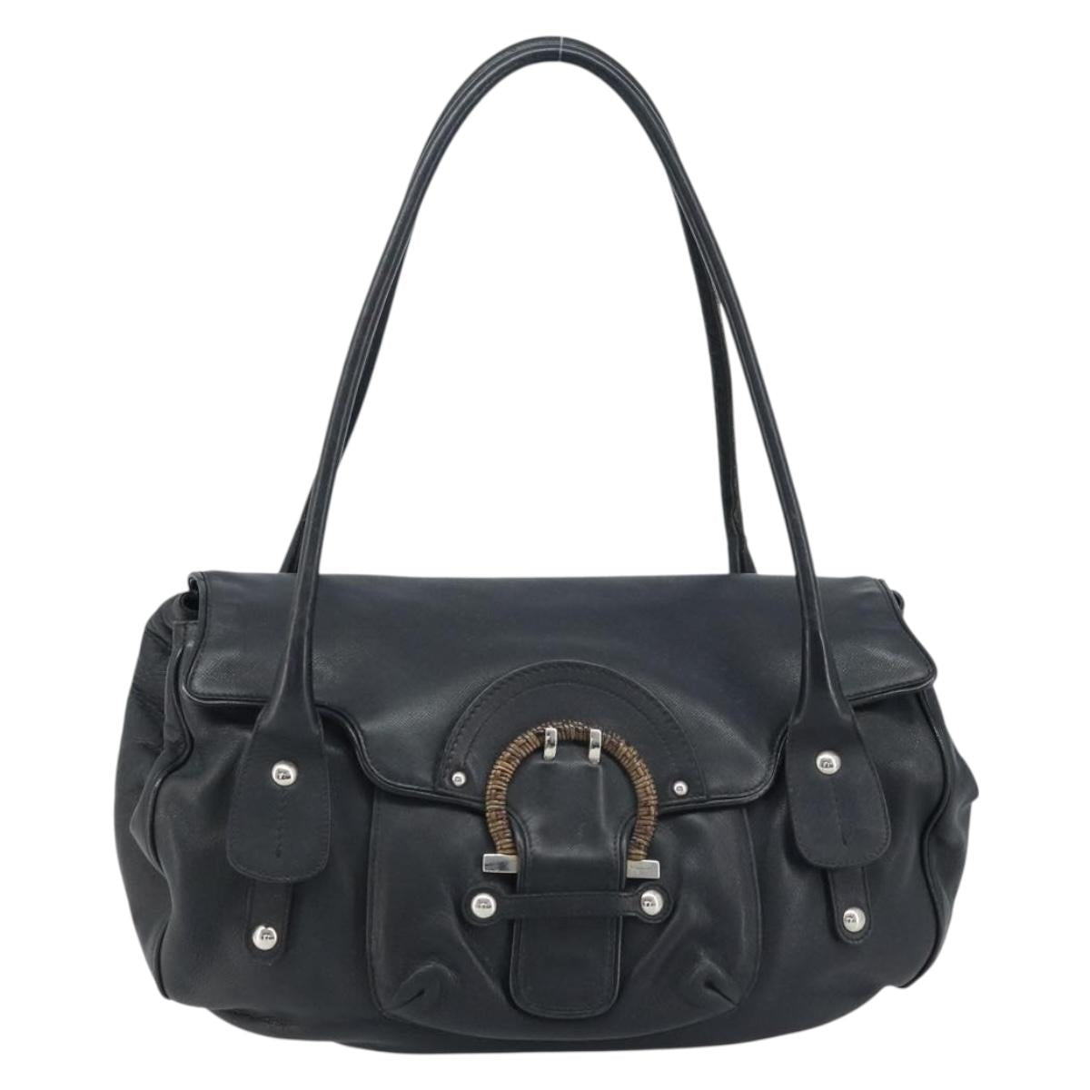 Salvatore Ferragamo Gancini Hand Bag Leather Black Silver Auth LNZ140
