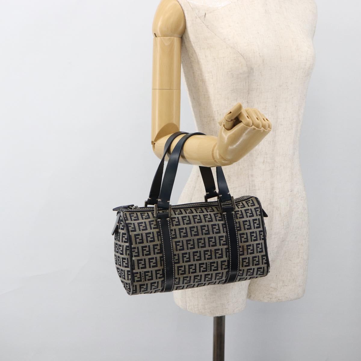FENDI Zucchino Canvas Hand Bag Navy Silver Auth LNZ205